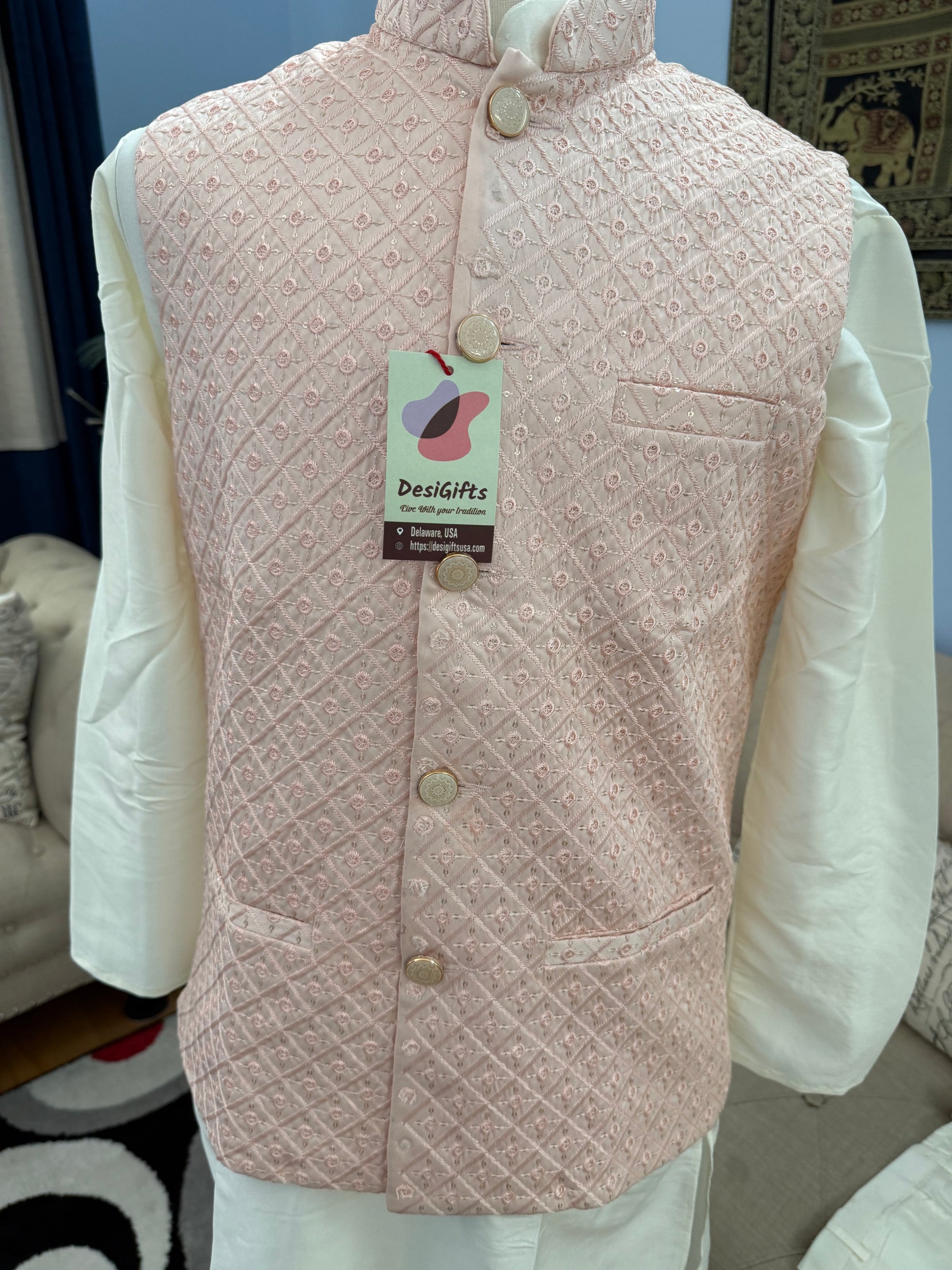 3 Piece Cream Kurta Pajama, Pant Style, with Peach Shade Embroidered Sequins Jacket Set-Silk Fabric, JKP- 1925