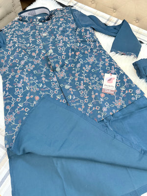 3 Piece Dusty Navy Blue Kurta Pajama with Embroidery Jacket Set, Silk Blend Fabric with a Slight Sheen., Father & Son's Outfit, DM - 3022