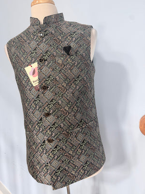 Men’s Black Brocade Nehru Jacket – Multicolor Woven Design Indian Wedding Waistcoat, Festive Modi Jacket, J-3074