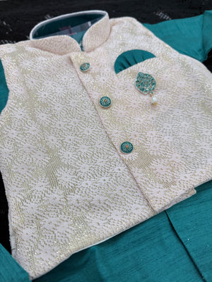 Kids Teal Green Kurta Dhoti and Pajama Set with Cream Sparkle Jacket, Boys Ethnic Wear, Festive Wedding Outfit B-2020