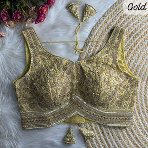 Heavy Zari, Sequence work Stitched Designer Saree Blouse in Soft Roman Silk, Design BLS-2039