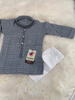 Gray Chikankari Rayon with Sequins 2 Piece Kurta Pajama Set, Father or Son's Outfit, DM -1981