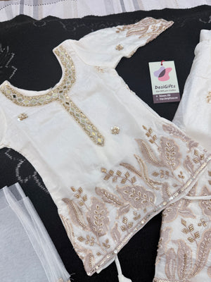 Girls’ Ivory White with Gold Embroidery Kurta Palazzo Set with Sequins Work – Festive Ethnic Wear, GRL-2099