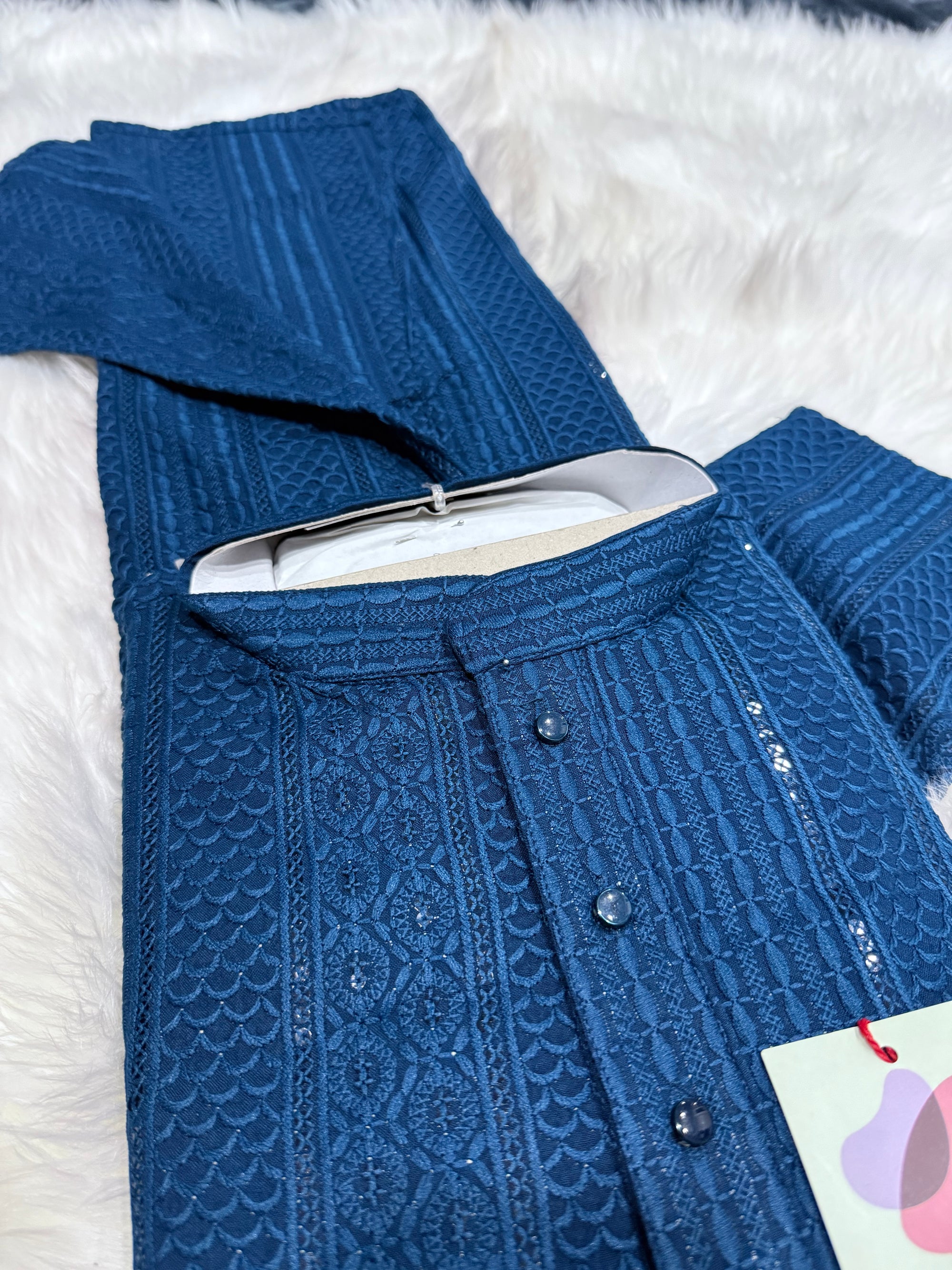 Exquisite Chikankari Sequins 2 Piece Kurta Pajama Set for Man, Teal Blue Shade, Embroidered Party Man's Wear, KP - 1941