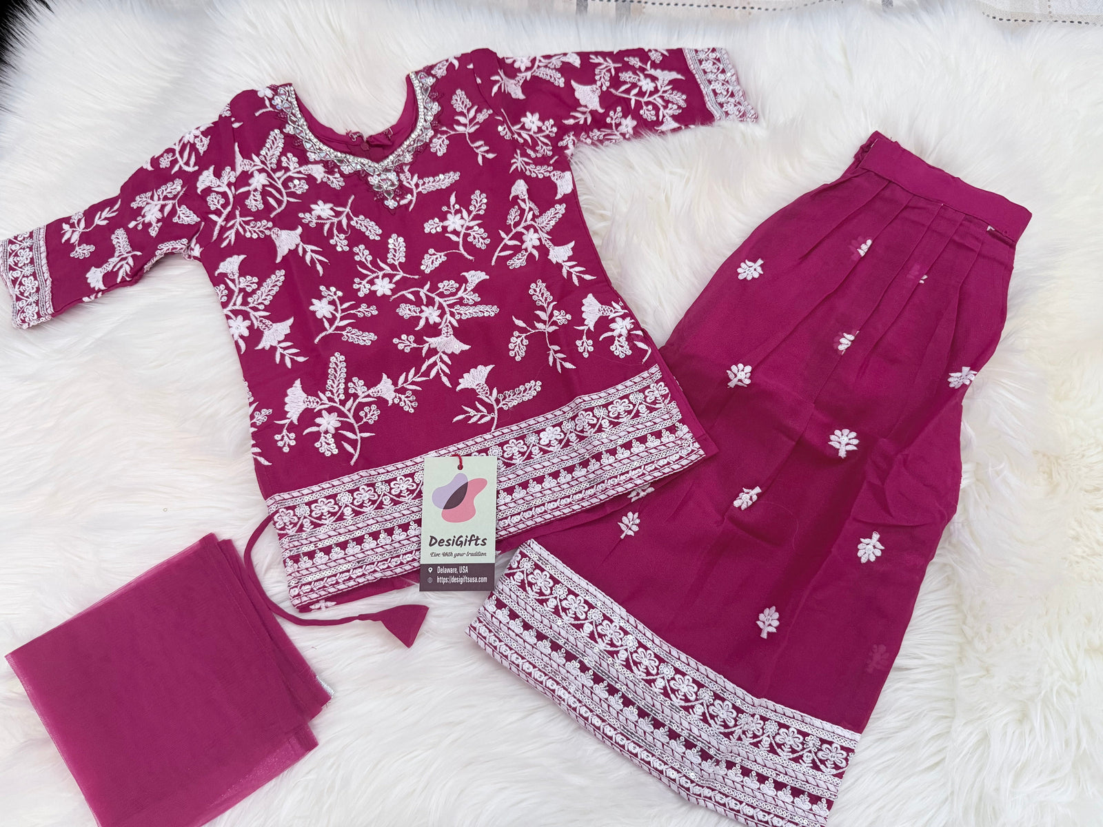 Girls’ Deep Pink Tunic Kurti Sharara Set with Embroidery Work – Festive Ethnic Wear, GRL-2095