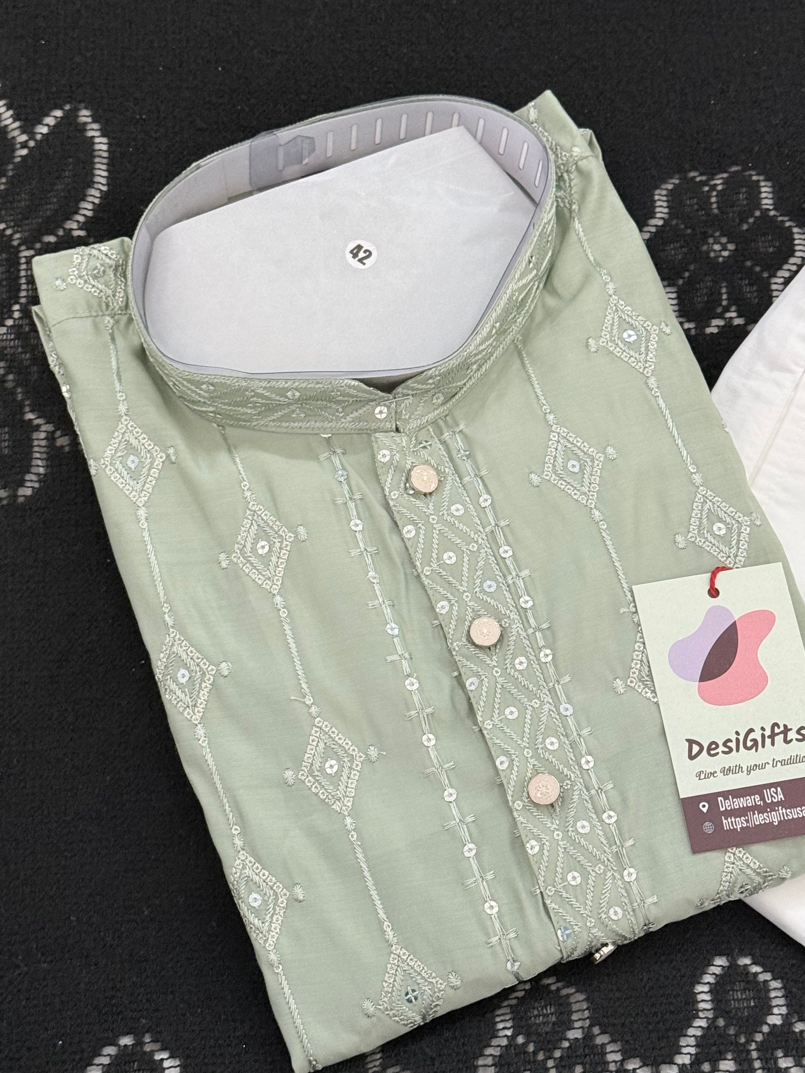 Men’s Pista Green Embroidered Kurta Pajama Set with Sequins Work, Indian Ethnic Wear for Wedding & Festival, KPS-3013