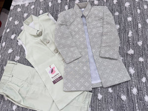 Boy's Green Shade Cotton Silk 3 Piece Indo Western Outfit,  Embroidered  Sequins Long Jacket with Pant , Boy's Sherwani Dress - B-3055