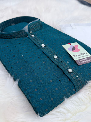 Teal Shade Chikankari Embroidery with Sequins 2 Piece Viscose Rayon Kurta Pajama Set, Indian Partywear Kurta SetKP-1979