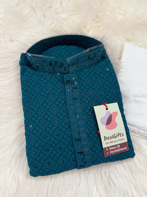 Pre-Teen and Teen Boy's Chikankari Embroidered Rayon Kurta Pajama with Sequins , Teal Blue Shade, - BOY-1913