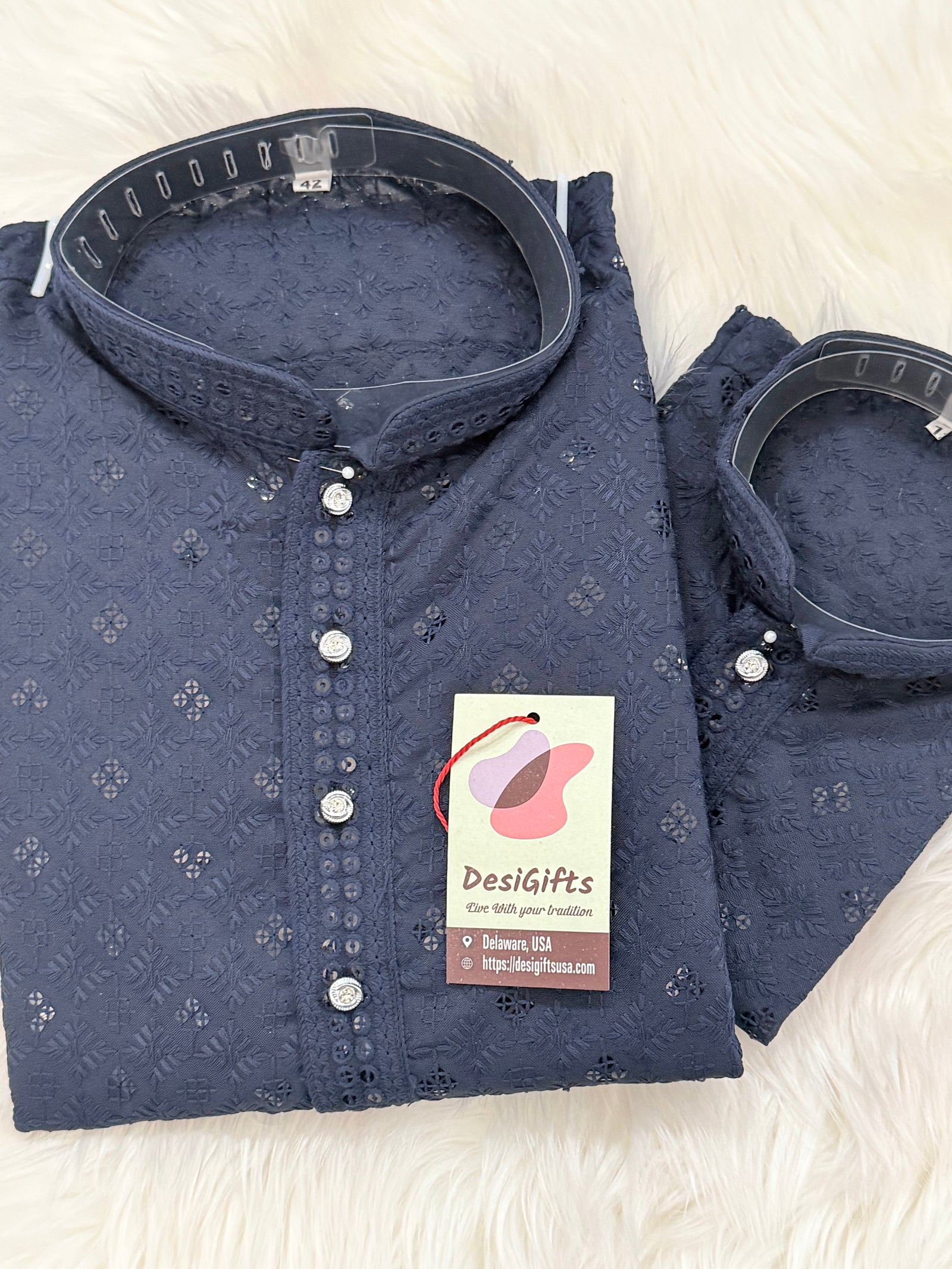 Men & Boys Navy Rayon Chikankari with Sequins Kurta Pajama Set | Matching Father Son Festive Outfit with Sequin Work, DM -2077