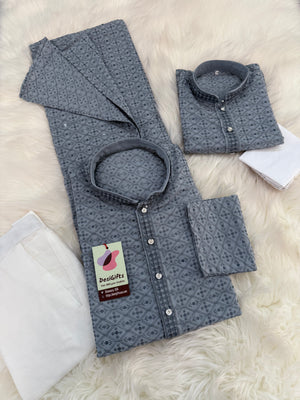Gray Chikankari Rayon with Sequins 2 Piece Kurta Pajama Set, Father or Son's Outfit, DM -1981