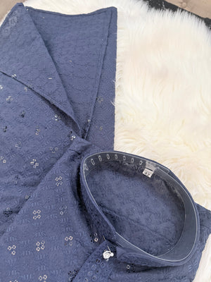 Men & Boys Navy Rayon Chikankari with Sequins Kurta Pajama Set | Matching Father Son Festive Outfit with Sequin Work, DM -2077