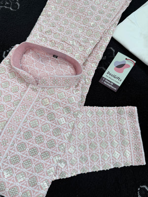 Men's Kurta Pajama set with Embroidery and Sequins in Soft Pink Shade. Two-piece Indian traditional outfit., KP - 1420-1421