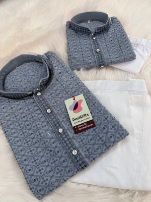 Gray Chikankari Rayon with Sequins 2 Piece Kurta Pajama Set, Father or Son's Outfit, DM -1981