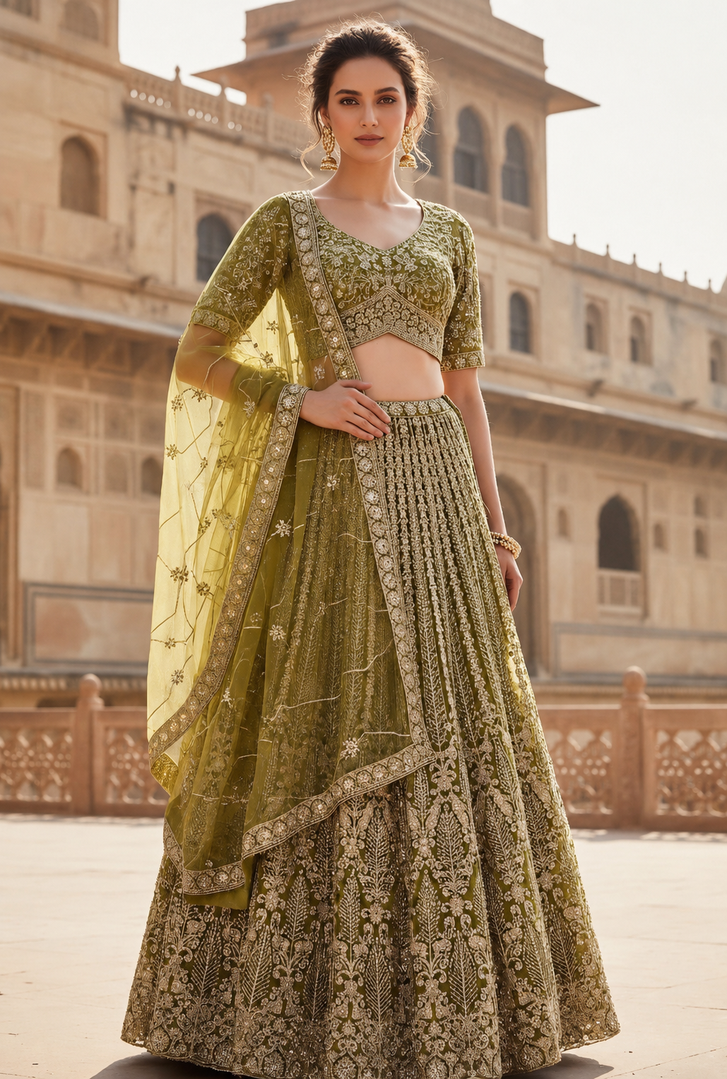 Women’s Olive Green Heavy Embroidered Lehenga Choli with Dupatta – Sequin & Stone Work Indian Wedding Bridal Festive Outfit, LHG-4015