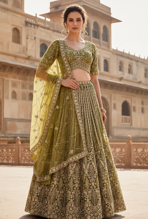Women’s Olive Green Heavy Embroidered Lehenga Choli with Dupatta – Sequin & Stone Work Indian Wedding Bridal Festive Outfit, LHG-4015