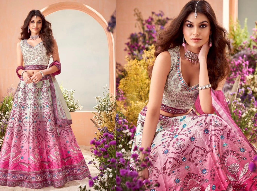 Pink & Ivory Floral Printed Lehenga Choli Set with Dupatta – Ombre Digital Print, Mirror-Style Sequin Accents, Indian Wedding & Festive Wear, LHG-4012
