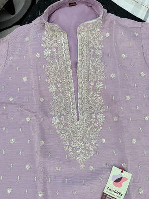 Men’s Pastel Purple Embroidered Kurta with with Parallel Pants | Textured Silk Blend Wedding Kurta Pajama Set | Festive Indian Ethnic Wear, KP - 4047
