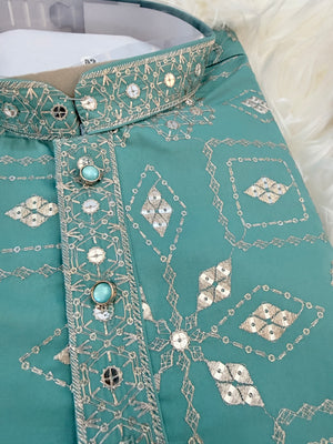 Father & Son Matching Turquoise Blue Kurta Pajama Set | Silver Zari-Style Embroidery, Sequin Work | Festive Wear, DM -4025