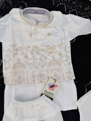 Boys Ivory Cream Kurta Pajama Set with Floral Embroidery Jacket | Dhoti and Pajama | Indian Wedding Festive Ethnic Wear for Kids, B-4058