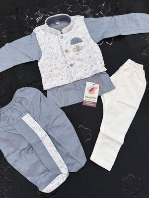 Kids Gray Kurta Dhoti and Pajama Set with offwhite Jacket, Boys Ethnic Wear, Festive Wedding Outfit B-2021