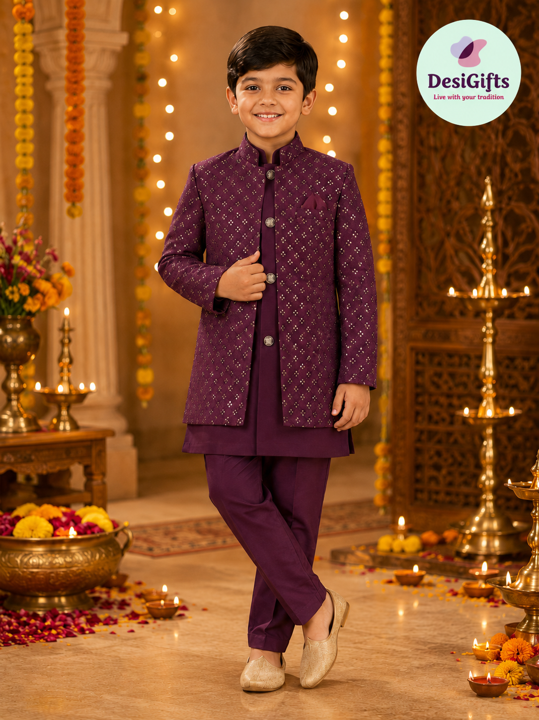 Boy's Purple Shade Cotton Silk 3 Piece Indo Western Outfit,  Embroidered  Sequins Long Jacket with  Pant, Boy's Sherwani Dress - B-3053