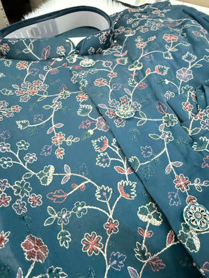 3 Piece Dusty Navy Blue Kurta Pajama with Embroidery Jacket Set, Silk Blend Fabric with a Slight Sheen., Father & Son's Outfit, DM - 3022