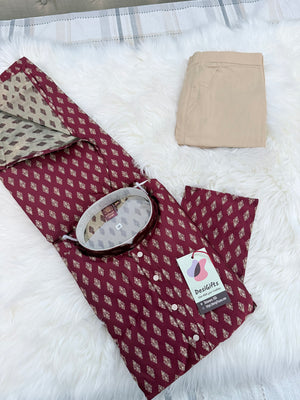 Men’s Wine Maroon Jacquard Kurta Pajama Set, Indian Ethnic Wear for Wedding Party Festival, Designer Kurta for Men, KP -3003