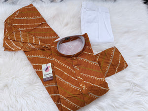 Men’s Rust Orange with Striped Detailing Bandhani-Style Printed Kurta Pajama Set | Festive Indian Ethnic Wear – 3067