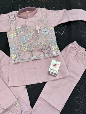 Onion PInk Shade 4 Piece Boy's Cotton  Silk Ethnic Kurta with Jacket, Dhoti and Pajama- Design B-2026