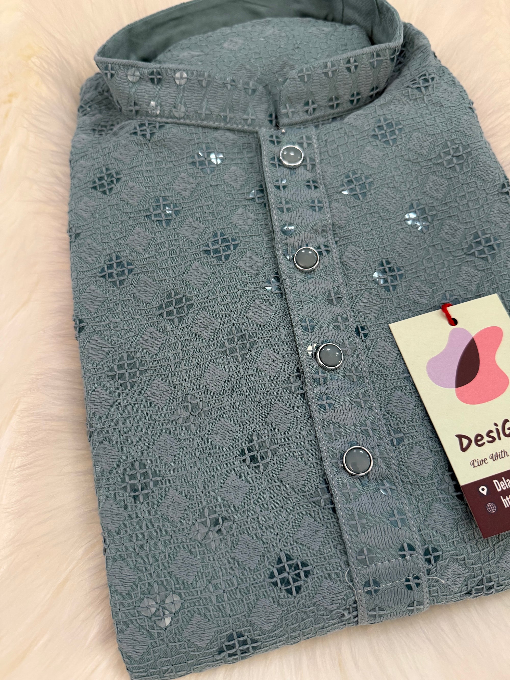 Gray Chikankari Shirt-Style Short Kurta with Sequins – Ethnic Casual Kurta SK - 1933