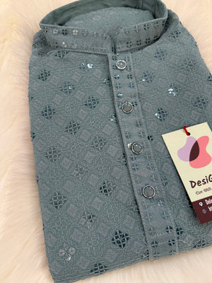 Gray Chikankari Shirt-Style Short Kurta with Sequins – Ethnic Casual Kurta SK - 1933