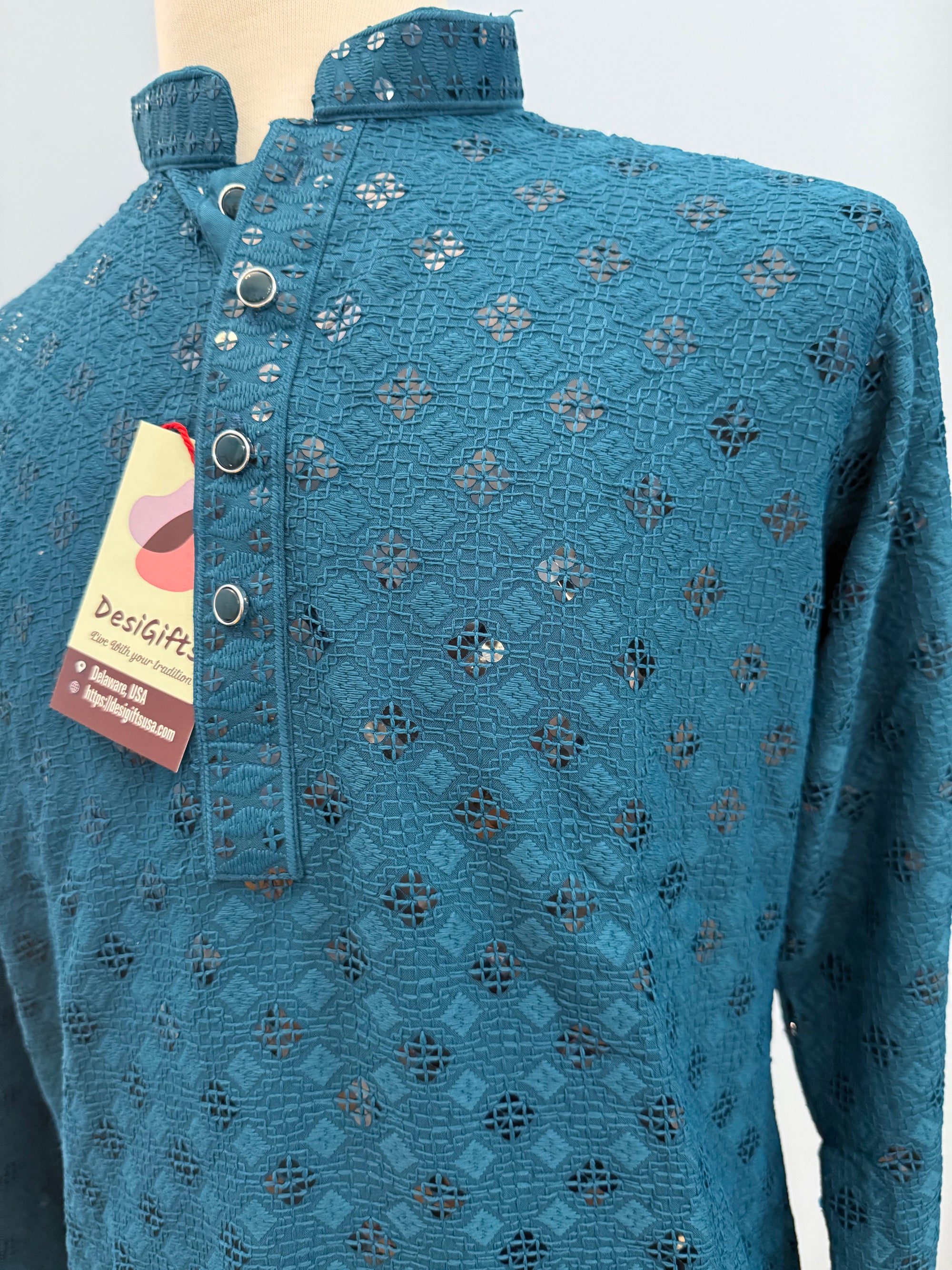 Teal Shade Chikankari Shirt-Style Short Kurta with Sequins – Ethnic Casual Kurta, SK - 1934