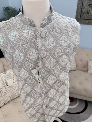 Luxury Gray Bead & Sequin Embroidered Jacket for Men – Heavy Thread Work Wedding Waistcoat | J-3033