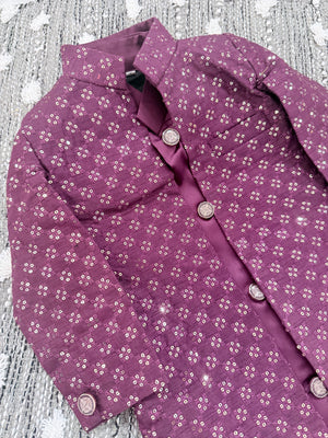 Boy's Purple Shade Cotton Silk 3 Piece Indo Western Outfit,  Embroidered  Sequins Long Jacket with  Pant, Boy's Sherwani Dress - B-3053