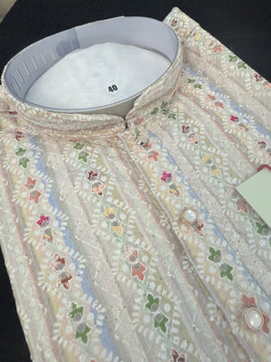 Man's Ivory Cream 2-Piece Kurta Pajama Set , Premium Rayon with Embroidery and Sequin Detailing, KP-4001