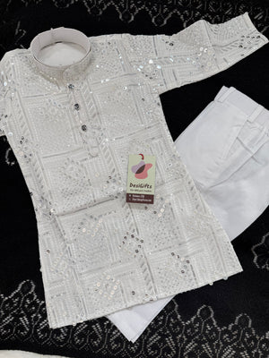 Boys’ Rayon Embroidery White Kurta Pajama Set with Sequins Work, Designer Ethnic Outfit for Kids Festive and Wedding Wear – BOY-2086