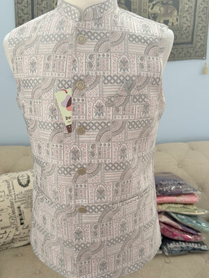 Men’s Light Blush Pink with Gray Woven Design Brocade Nehru Jacket – Indian Wedding Waistcoat, Festive Ethnic Modi Jacket, J-3076