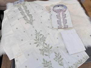 Size 42 (L), Men's Off-White Embroidered Kurta Pajama Set – Sage Green & Dusty Lavender | Indian Wedding & Festive Wear| KP-4067