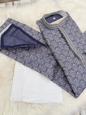 Men's Steel Blue Printed Kurta Pajama Set | Designer Indian Ethnic Wear with Mandarin Collar | Wedding, Diwali & Festive Outfit, KP-4089