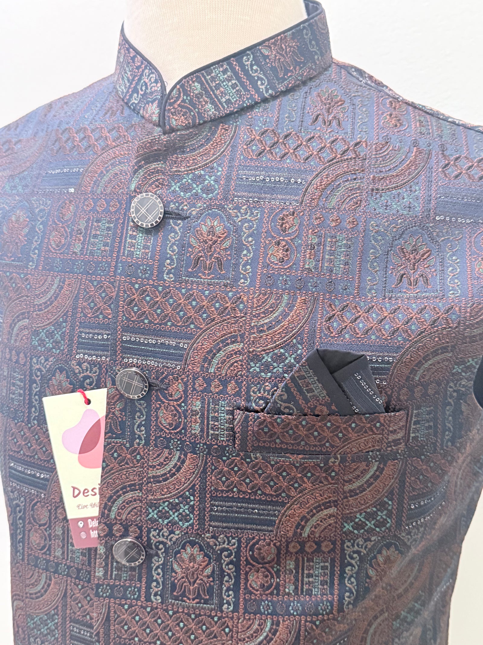 Men’s Navy Blue Brocade Nehru Jacket – Multicolor Woven Design Indian Wedding Waistcoat, Festive Modi Jacket, J-3090