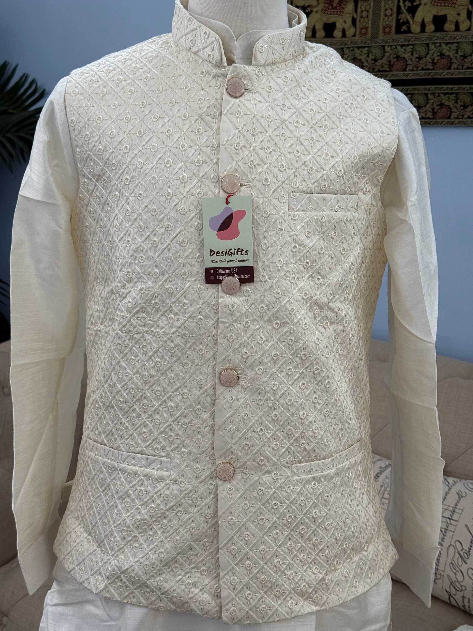 3 Piece Cream Kurta Pajama, Pant Style, with Embroidered Sequins Jacket Set-Silk Fabric, JKP- 1926)