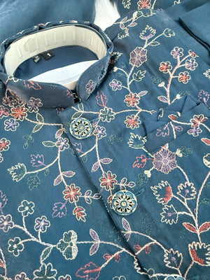 3 Piece Dusty Navy Blue Kurta Pajama with Embroidery Jacket Set, Silk Blend Fabric with a Slight Sheen., Father & Son's Outfit, DM - 3022