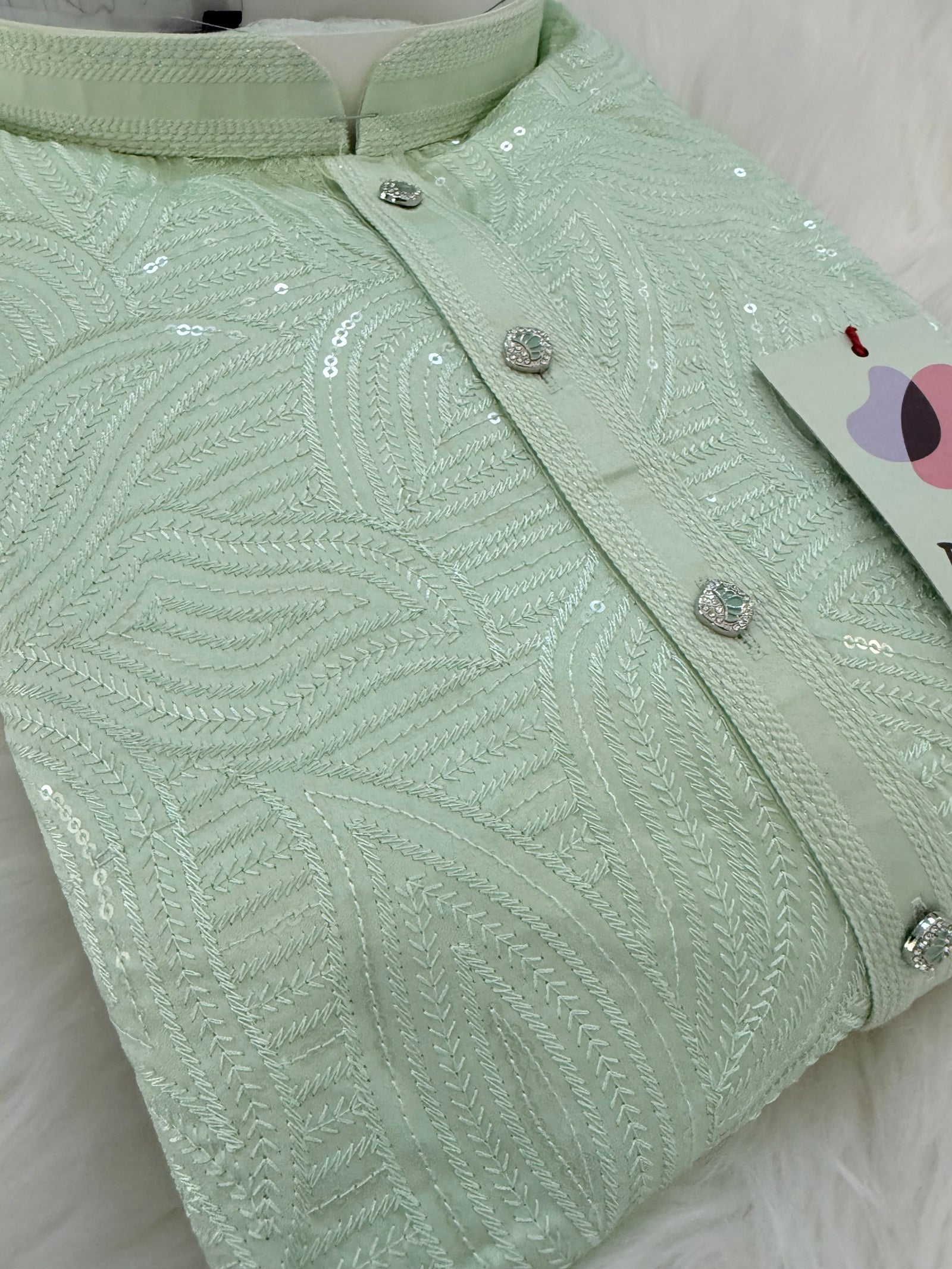Light Green Jacquard Silk Kurta Pajama Set with Off-White Pant for Men – Self Design Ethnic Kurta, KPS-3027