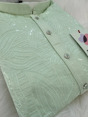 Light Green Jacquard Silk Kurta Pajama Set with Off-White Pant for Men – Self Design Ethnic Kurta, KPS-3027