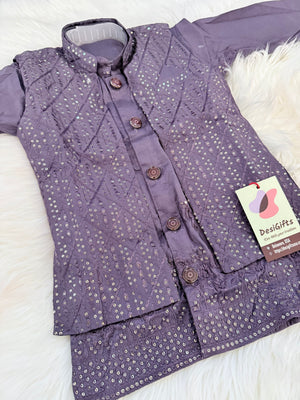 Boys Dusty Lavender Purple Sherwani Style Kurta Pajama with Embroidered Jacket | 3-Piece Indian Outfit- Design B-4060