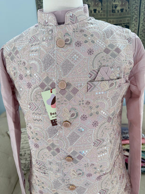 Men’s Dusty Rose Pink Shade 3-Piece Kurta Pajama with Heavy Embroidered Jacket, Wedding & Festive Ethnic Wear, KPJ-3077