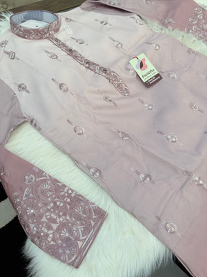 Men’s Dusty Rose Ombré Embroidered Kurta Pajama Set | Mauve Pink Indian Wedding Outfit with Trouser Pants | KP-4066