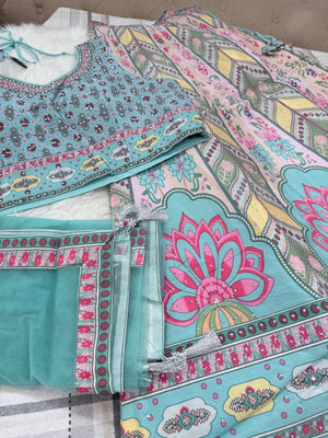 Aqua Blue & Pink Lehenga Choli Set with Dupatta – Digital Floral Print, Mirror-Style Sequin Work, Indian Wedding Festive Wear, LHG - 4010