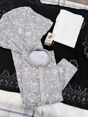 Men’s Light Gray Embroidered Kurta Pajama Set with with White Floral Embroidery, Sequins Work, Indian Ethnic Wear, KPS-3008
